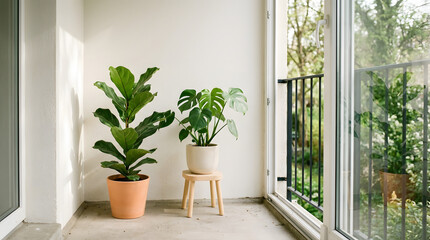 Fototapeta premium Bright and tranquil minimalist balcony featuring lush potted plants, bathed in warm natural sunlight, creating a serene and inviting outdoor living space