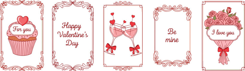 Set of romantic Valentine Day greeting cards with cupcake wine glasses and rose bouquet in decorative red frames for wedding anniversary and love celebrations © MdNurul