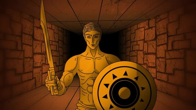 theseus exploring the minotaur labyrinth with sword and shield