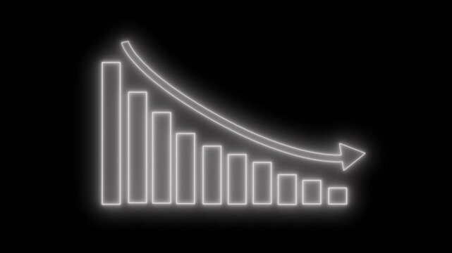 Neon downward bar chart with arrow animation on black background