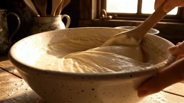 Wooden spoon folding creamy batter in a bowl
