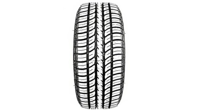 A detailed close-up of a brand new automotive tire featuring an advanced, deep tread pattern designed for superior road grip and all-weather driving performance, isolated on a stark white background