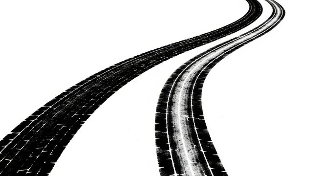 Abstract black and white graphic depicting winding tire tracks on a clean white surface, symbolizing movement, journey, or a diverging path ahead with choice