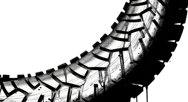 Dynamic black and white ink illustration of a curving tire track, conveying rugged texture and powerful movement with a grungy, artistic aesthetic