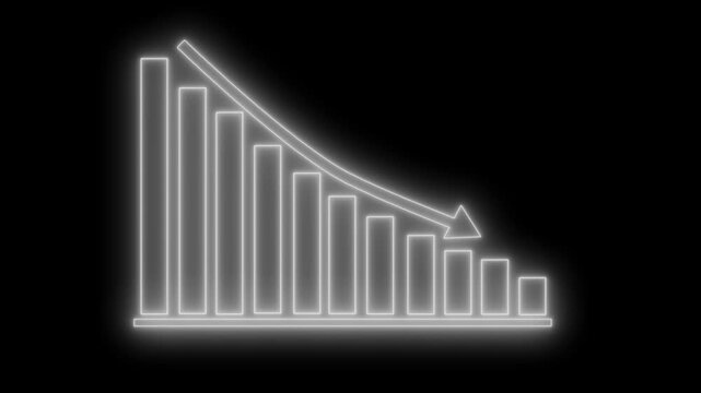 Neon declining bar chart with down arrow animation on black background