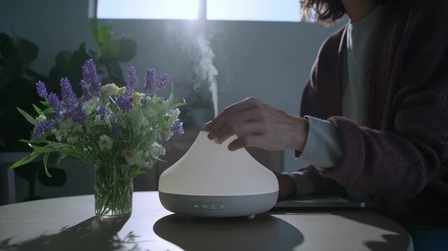 Footage of a person selecting floral scent settings on a digital diffuser creating a calming atmosphere in a clean workspace with natural light and minimal decor.