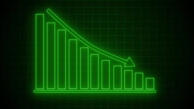 Neon declining bar chart with down arrow animation on black background