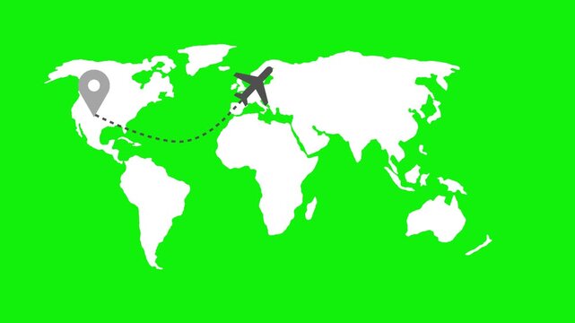 World map with airplane route and location pin animation