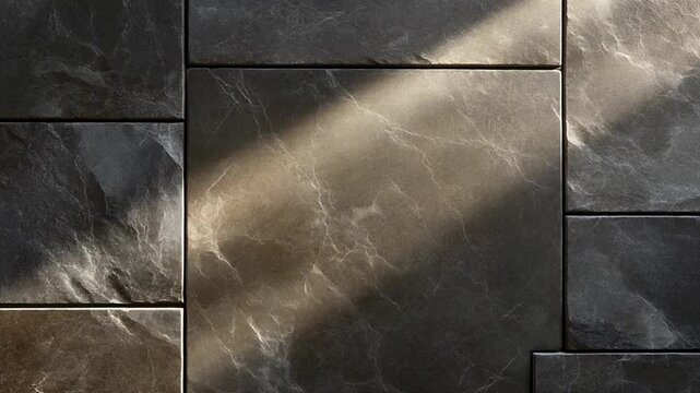 A beam of light illuminates a dark marble tile surface from above showcasing texture patterns and shadows