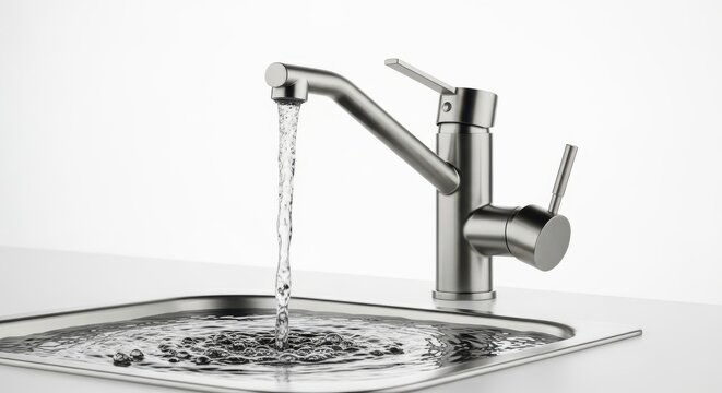 Modern brushed metal kitchen faucet with clear, fresh water flowing into a clean stainless steel sink basin, highlighting contemporary design and home hygiene