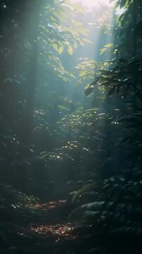 Sunlight filters through dense forest foliage in a serene natural setting with vector eps elements.