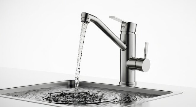 Modern kitchen faucet with stream of clean water flowing into a stainless steel sink, isolated on white background