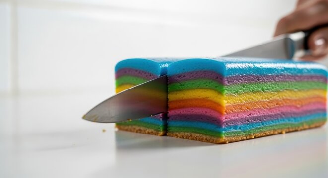A vibrant rainbow layered cake being sliced with a sharp knife on a white surface, showcasing its colorful strata