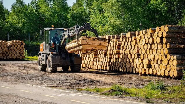 Summer log yard sorting operations with vibrant greenery surrounding stacks of softwood logs neatly organized by diameter highlighting seasonal outdoor processing activities.
