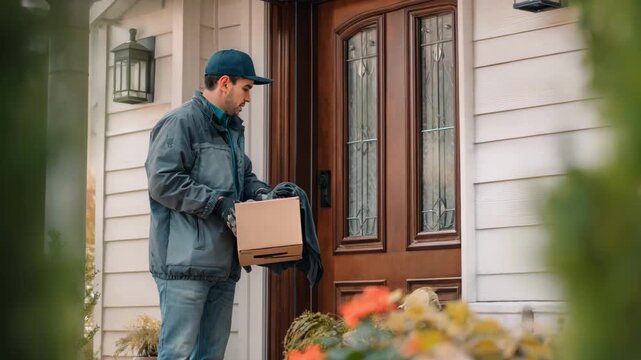 Medium shot of a delivery worker collecting scheduled garment pickups from a residential doorstep showcasing organized and timely service.