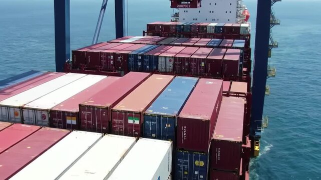 Aerial view of large container ship loaded with cargo traveling through deep blue ocean water