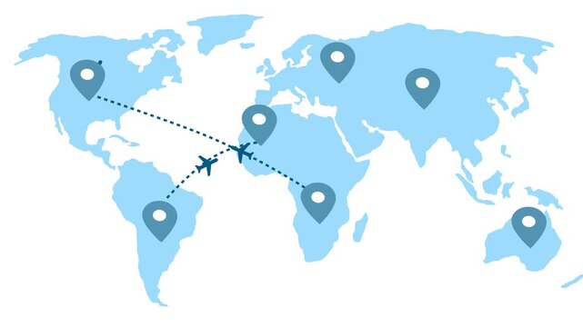 Global travel route map with location pins and airplane animation