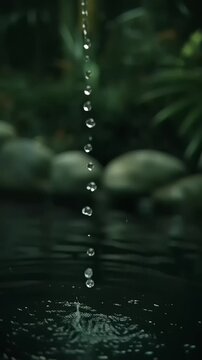 Water drips from bamboo pipe in serene natural setting with vector eps