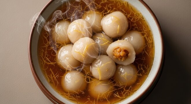 Delicious bowl of sweet dumplings in syrup, garnished with citrus zest, a comforting and traditional dessert dish