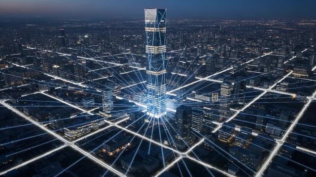 Smart city with glowing network lines connecting to skyscraper at night, futuristic urban landscape motion
