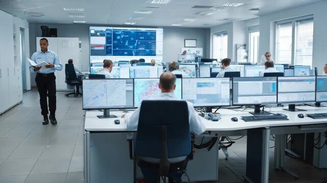 Medium shot of a technical team monitoring dynamic quantum system interfaces focusing on the seamless integration of entanglement superposition and gate operations