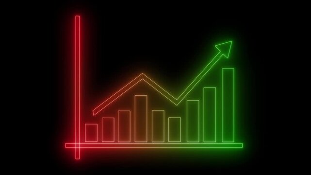 Neon growth chart icon on dark background animation