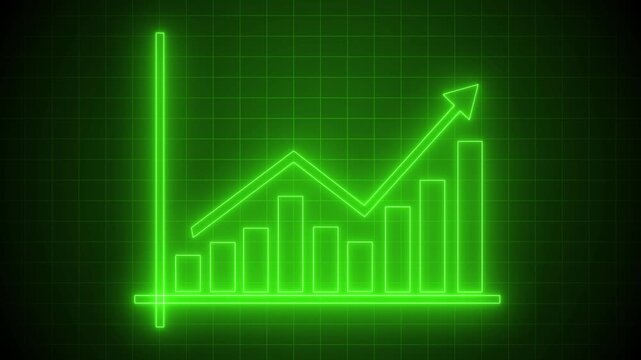 Neon growth chart icon on dark background animation