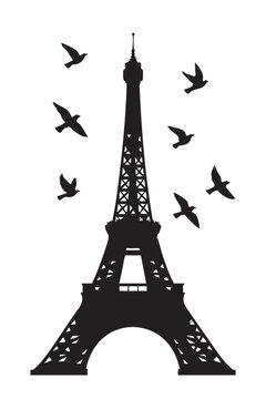 Eiffel Tower silhouette with flying birds in Paris vector illustration