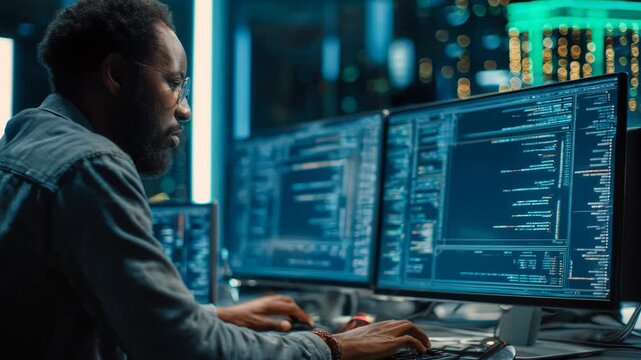 Medium shot of a professional performing software updates on multiple computer screens in a modern digital workspace environment.