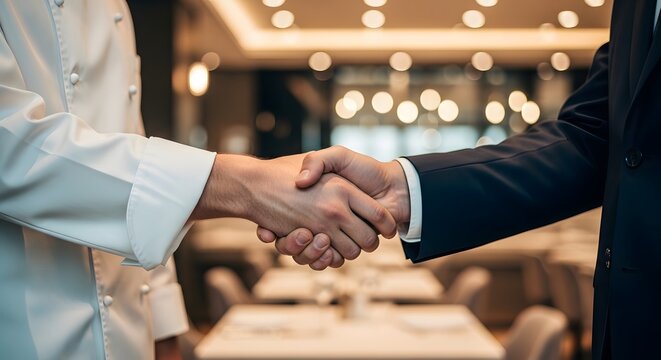 Chef and Businessman Shaking Hands in Restaurant Setting
