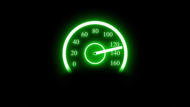 Glowing speedometer gauge at night showing high speed animation