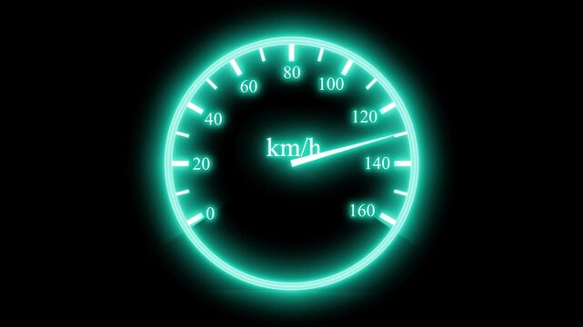Glowing speedometer dial showing km/h on dark background animation