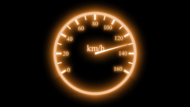 Glowing speedometer dial showing km/h on dark background animation