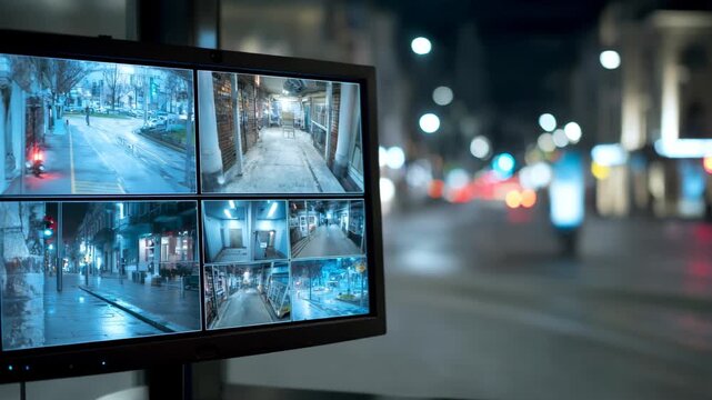 Medium shot of AIbased threat detection system monitoring multiple security cameras for potential risks in realtime