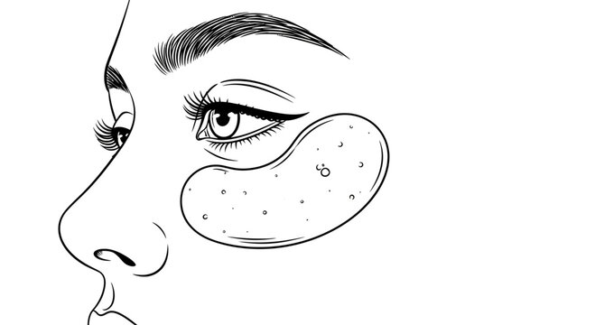 Minimalist line art illustration of a woman using an under eye patch for beauty and skincare
