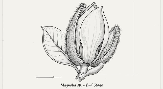 Detailed botanical illustration of a Magnolia flower bud showcasing its delicate structure and
