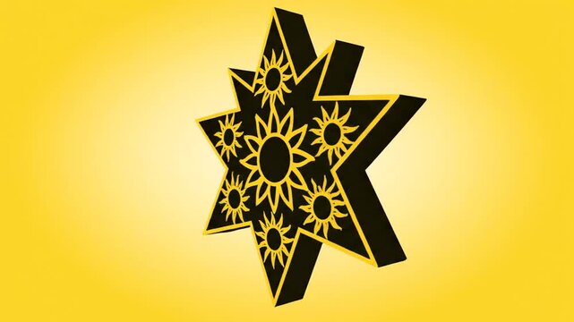 Three dimensional seven-pointed star with sun icons on yellow background