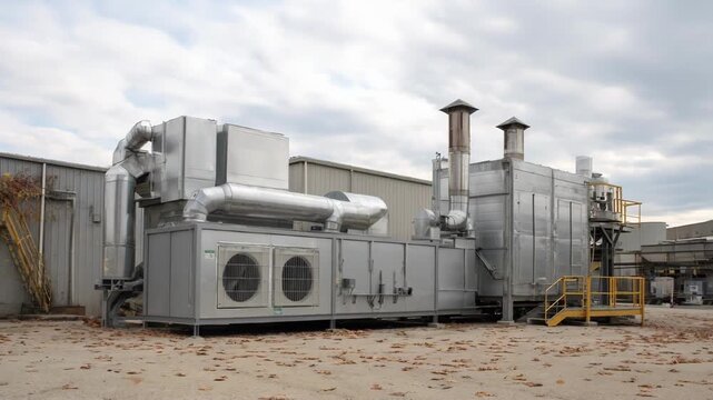 Medium shot of a commercial heat energy recovery system capturing and recycling dryer exhaust heat to boost industrial energy efficiency.