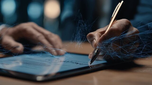 Medium shot of professionals signing digital smart contracts on a tablet illustrating seamless and transparent job agreements powered by blockchain technology.