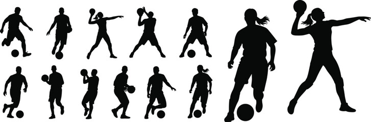 Basketball player silhouette collection vector illustration, dribbling shooting passing action poses cad drawing flat vector isolated background © Mostafizar