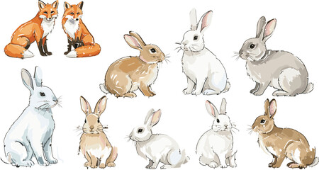 Cute woodland animal illustration collection featuring rabbits and foxes in different poses, hand drawn flat vector set for nature, kids education, and wildlife designs