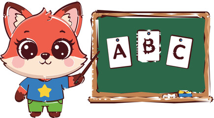 Cute fox teacher character teaching alphabet letters on chalkboard, playful flat vector illustration for kids education, preschool learning, and children classroom designs © Jahangir