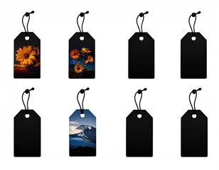 Hanging tags, some with flowers, landscape, and blank black
