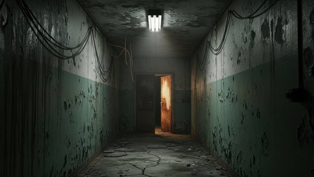 Abandoned hallway in derelict building, creepy dark corridor with peeling paint, scary hospital basement interior with flickering light