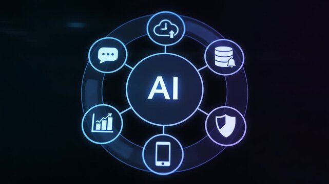 AI Technology Icons Representing Cloud Computing, Data Storage, Security, Mobile Devices, Chatbots, and Analytics