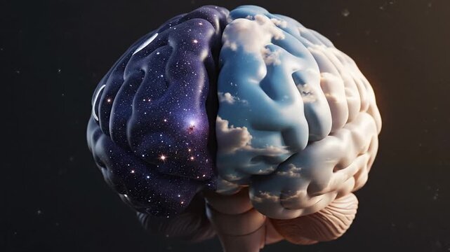 Human brain split into starry night sky and cloudy day