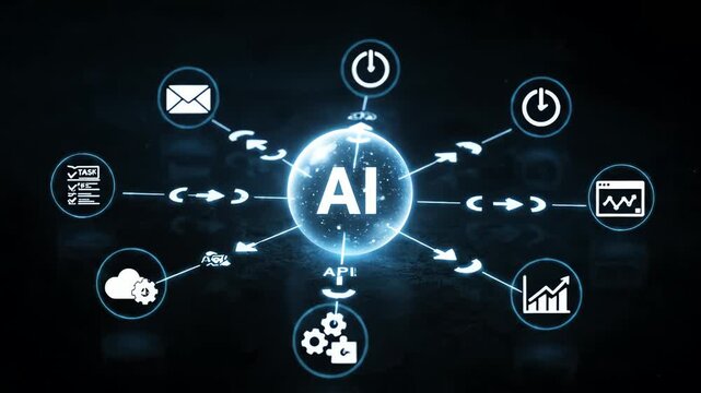 Artificial intelligence (AI) concept visually represents its central role in driving modern digital services, data management, and interconnected technology systems