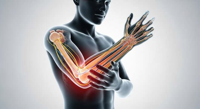 Elbow Pain Anatomy Illustration Showing Bones Nerves and Blood Vessels with Red Glow Representing Injury Medical Condition Treatment and Body Healthcare on White Background