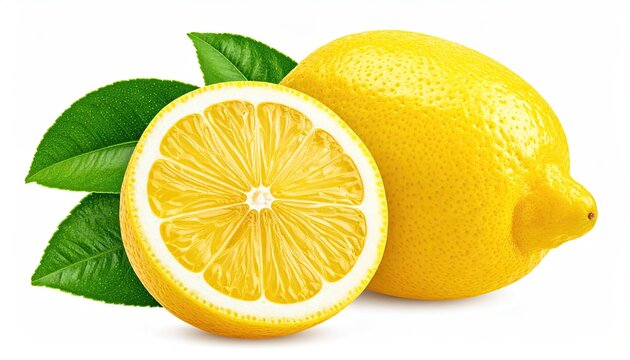 Two lemons, one sliced, with green leaves on a white background