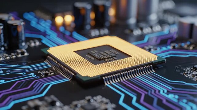 Close-up view of a microchip on a circuit board with glowing blue and purple wires